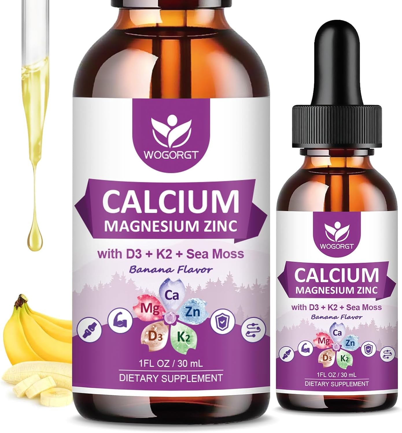 Calcium Magnesium Zinc Liquid Drops with Vitamin D3 K2, Sea Moss Extract, High Absorption Calcium Citrate Liquid Supplement for Bone, Muscles, Immune & Sleep Support, Banana Flavor - 1 Fl Oz (2 Pack)