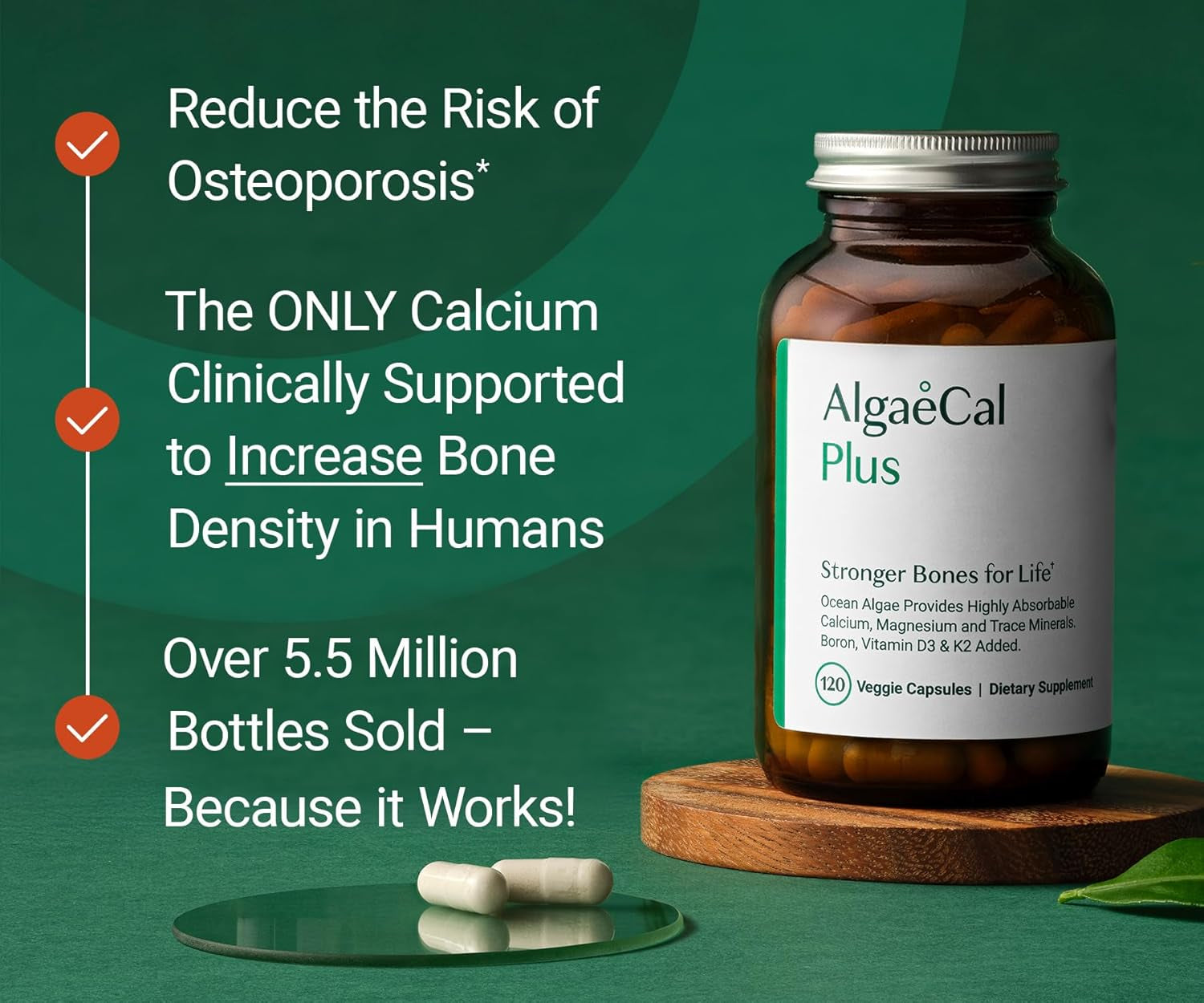 ALGAECAL Organic Red Algae Calcium Supplement for Bone Density, Vitamin K2 MK7 (100Mg), Vitamin D3 (1600 IU), Magnesium (350Mg) , 120 Caps (3 pack)