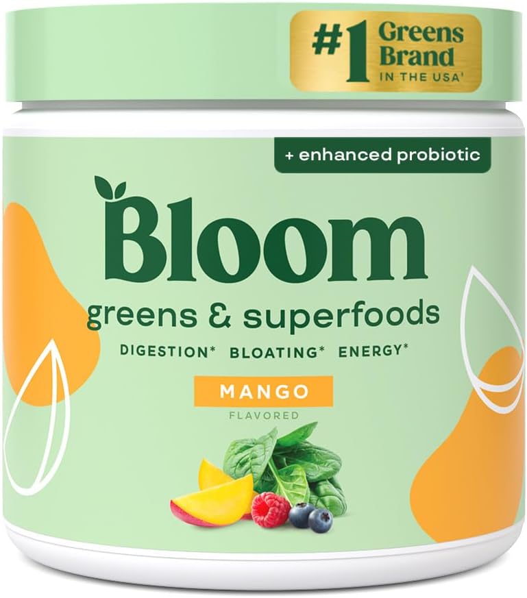 Bloom  Superfood Greens Powder, Digestive Enzymes with Probiotics and Prebiotics, Gut Health, Bloating Relief for Women, Chlorella, Green Juice Mix with Beet Root Powder, 30 SVG, Mango