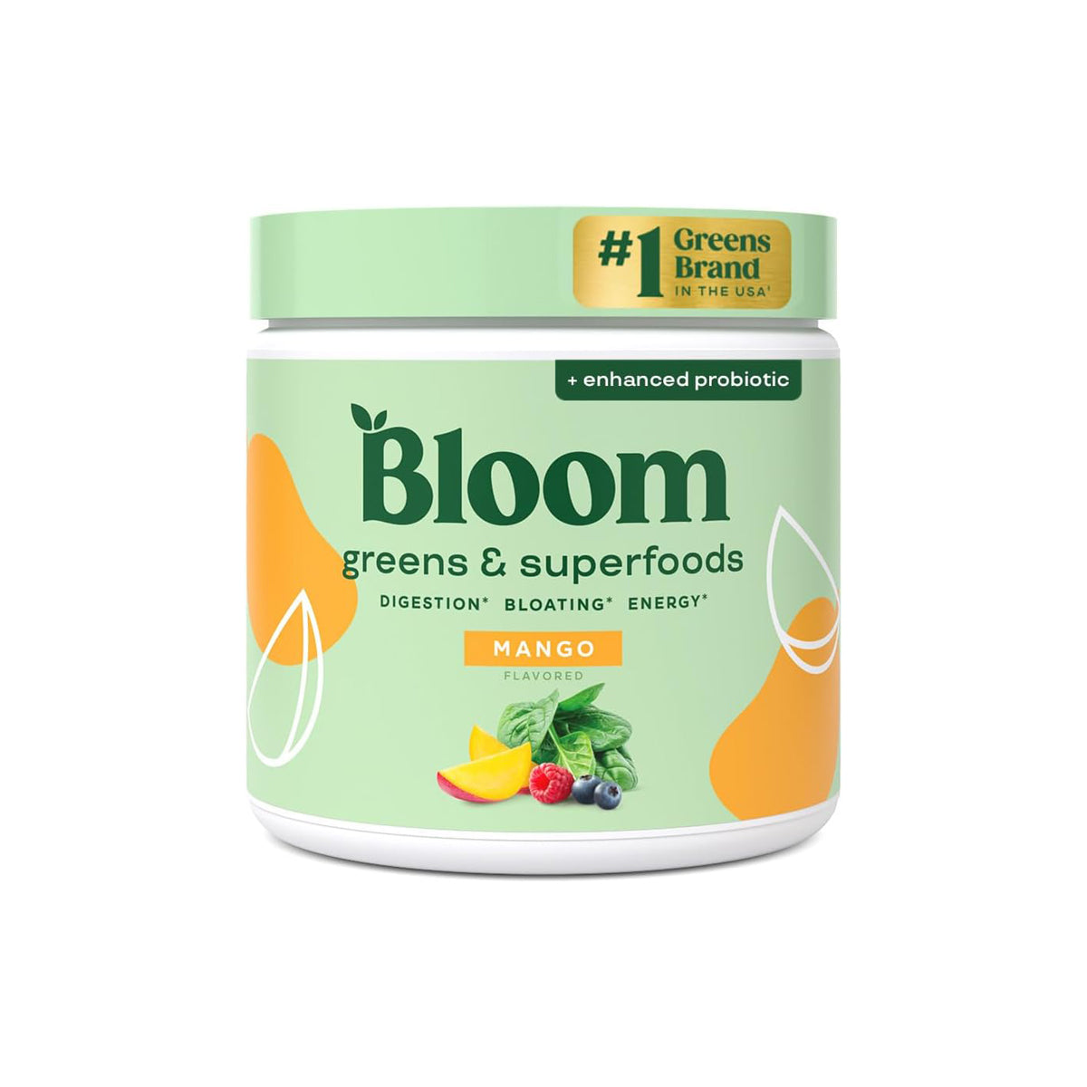 Bloom  Superfood Greens Powder, Digestive Enzymes with Probiotics and Prebiotics, Gut Health, Bloating Relief for Women, Chlorella, Green Juice Mix with Beet Root Powder, 30 SVG, Mango