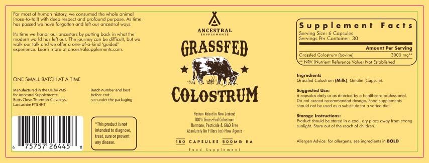 Ancestral  Grass Fed Beef Colostrum Supplement, 3000 Mg, Offers Immune Support and Promotes Gut Health, Athletic Performance, Healthy Iron Levels, Growth and Repair, Non GMO, 180 Capsules