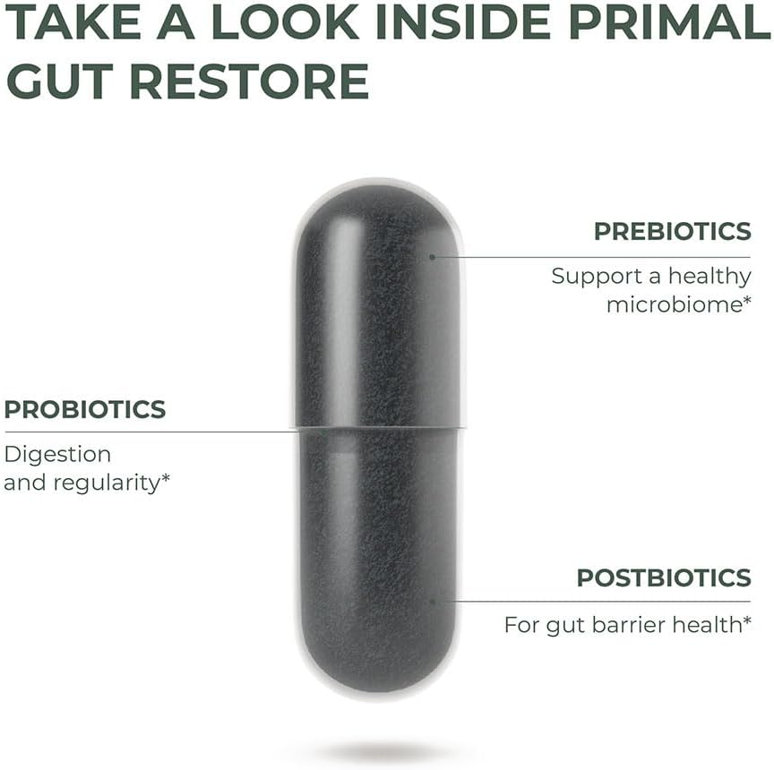 Primal Harvest  Restore for Gut Health, Primal Gut Restore W/Postbiotics, Prebiotics and Probiotics for Women and Men, 60 CT - Digestion, Colon Cleanse, Immunity Support - Helps Leaky Gut Repair