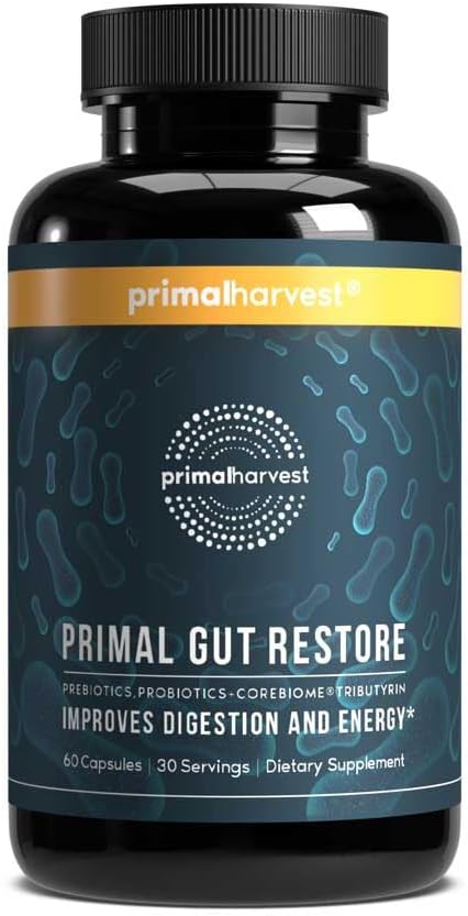 Primal Harvest  Restore for Gut Health, Primal Gut Restore W/Postbiotics, Prebiotics and Probiotics for Women and Men, 60 CT - Digestion, Colon Cleanse, Immunity Support - Helps Leaky Gut Repair