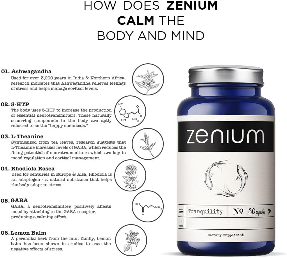 Zenium  Relieve Stress, Tension, Worry, Nervousness, & Irritability | Calm the Mind & Body | Ayurvedic | Natural Relief Supplement | Boosts Mood | Ashwagandha, L-Theanine, GABA, Rhodiola |60 Capsules