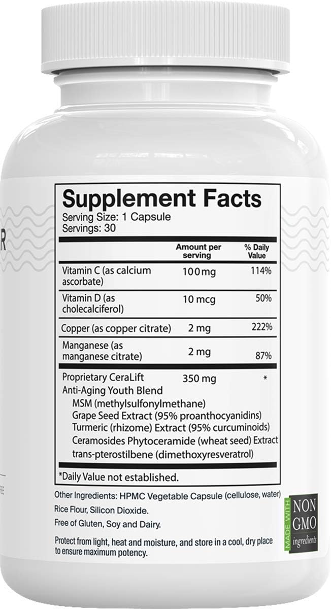 Del Mar Labs Ceralift 30 Day Supply - Doctor Formulated - for Reduction in Appearance of Fine Lines and Wrinkles - Anti-Aging Ceramides and Antioxidants - Vegetarian Capsules