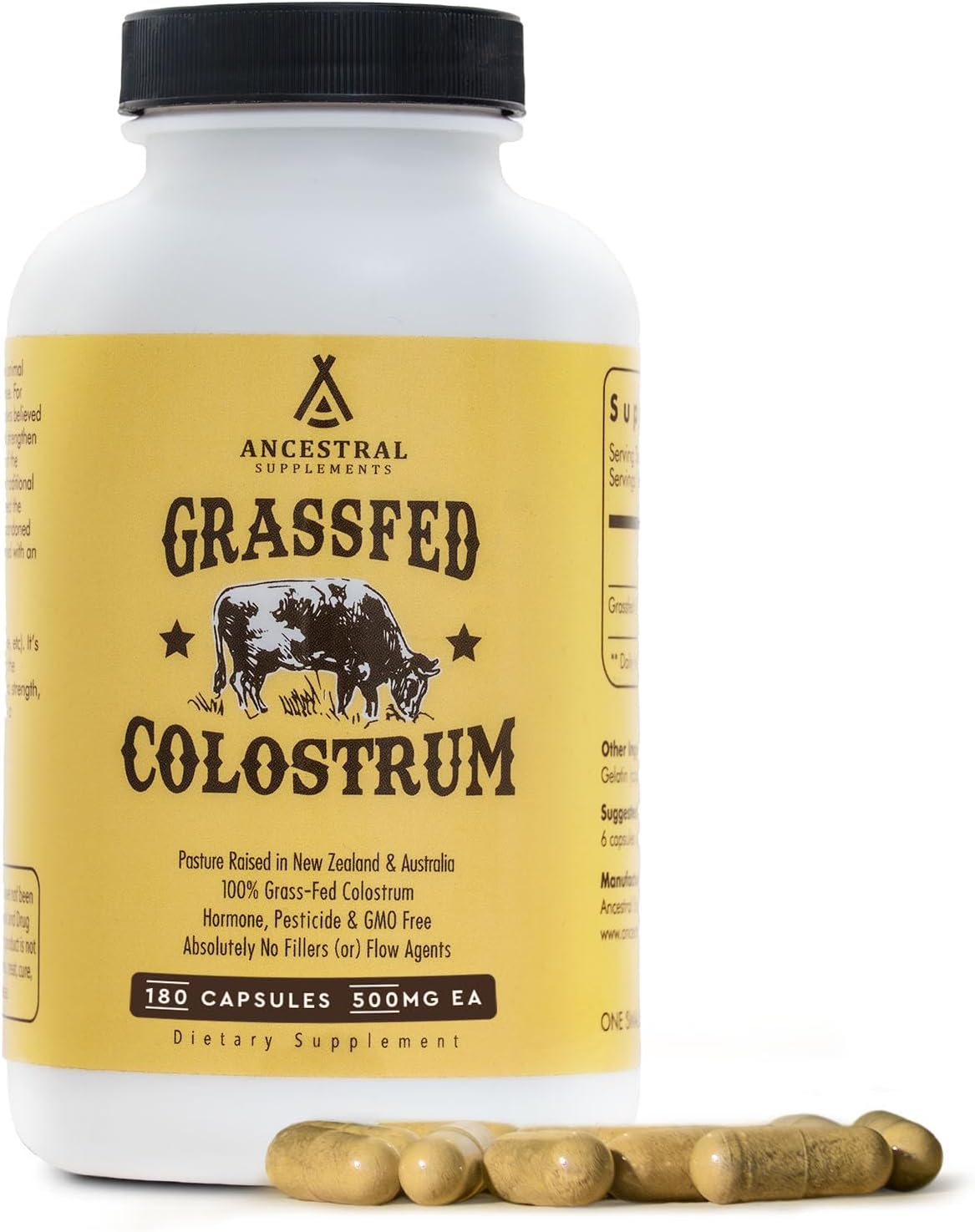 Ancestral  Grass Fed Beef Colostrum Supplement, 3000 Mg, Offers Immune Support and Promotes Gut Health, Athletic Performance, Healthy Iron Levels, Growth and Repair, Non GMO, 180 Capsules