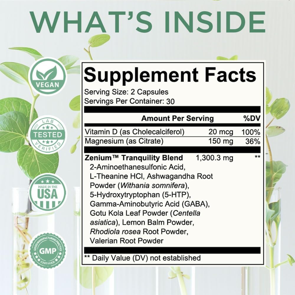 Zenium  Relieve Stress, Tension, Worry, Nervousness, & Irritability | Calm the Mind & Body | Ayurvedic | Natural Relief Supplement | Boosts Mood | Ashwagandha, L-Theanine, GABA, Rhodiola |60 Capsules