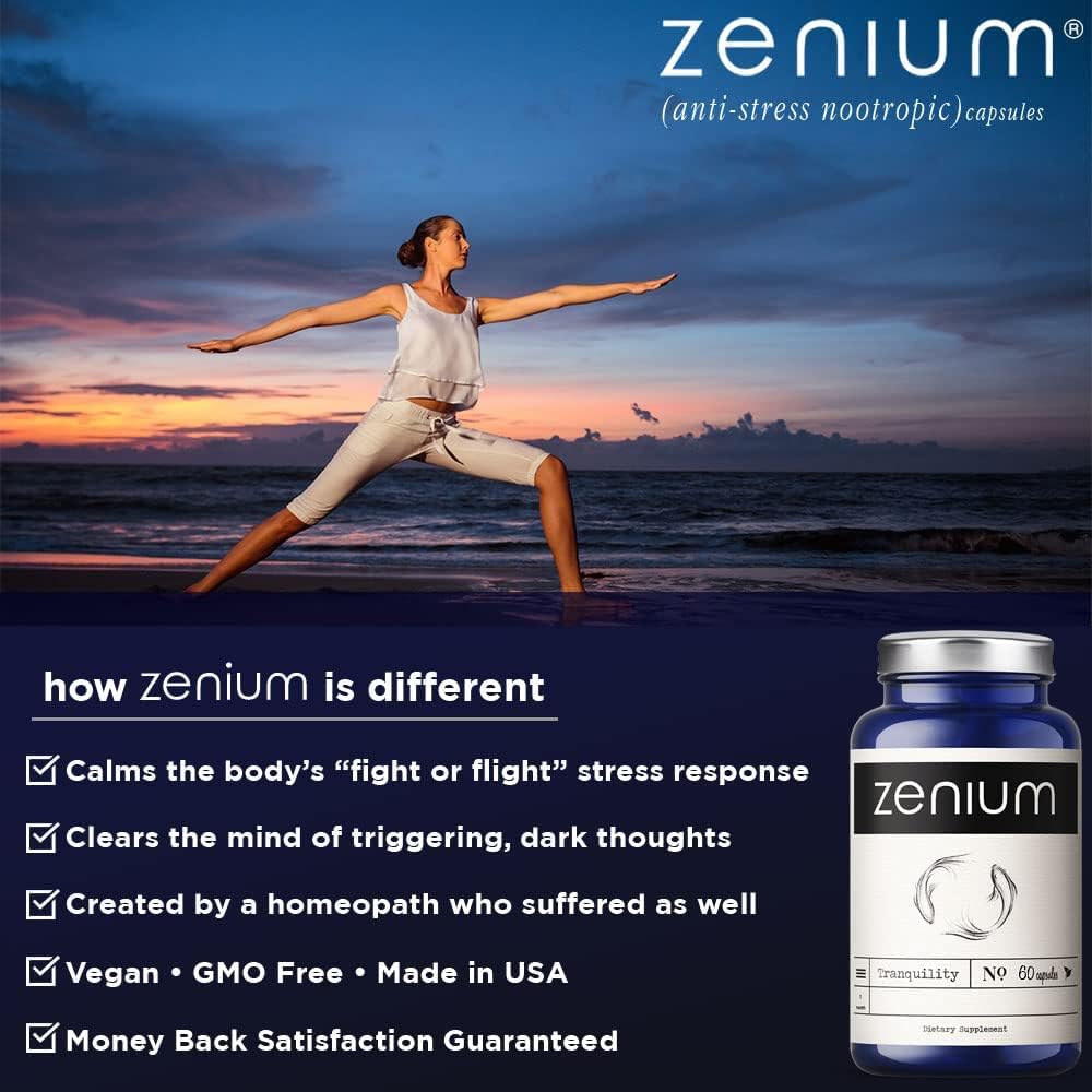 Zenium  Relieve Stress, Tension, Worry, Nervousness, & Irritability | Calm the Mind & Body | Ayurvedic | Natural Relief Supplement | Boosts Mood | Ashwagandha, L-Theanine, GABA, Rhodiola |60 Capsules