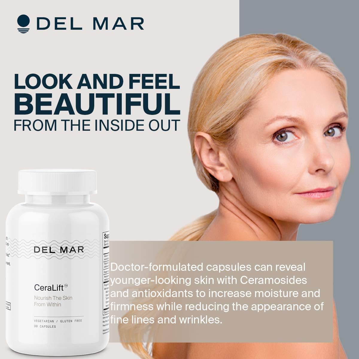 Del Mar Labs Ceralift 30 Day Supply - Doctor Formulated - for Reduction in Appearance of Fine Lines and Wrinkles - Anti-Aging Ceramides and Antioxidants - Vegetarian Capsules