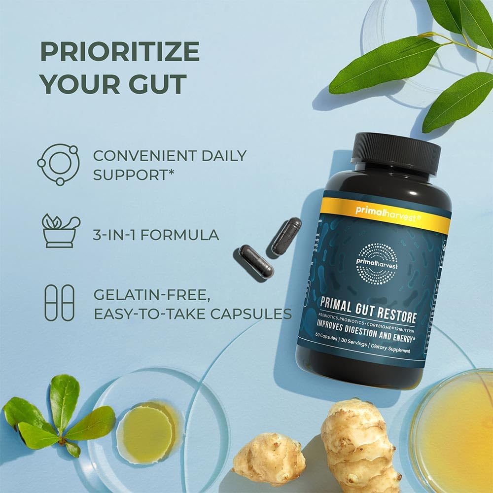 Primal Harvest  Restore for Gut Health, Primal Gut Restore W/Postbiotics, Prebiotics and Probiotics for Women and Men, 60 CT - Digestion, Colon Cleanse, Immunity Support - Helps Leaky Gut Repair