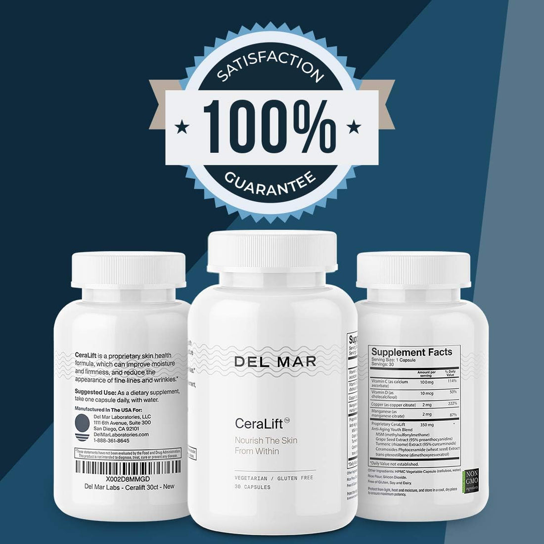 Del Mar Labs Ceralift 30 Day Supply - Doctor Formulated - for Reduction in Appearance of Fine Lines and Wrinkles - Anti-Aging Ceramides and Antioxidants - Vegetarian Capsules