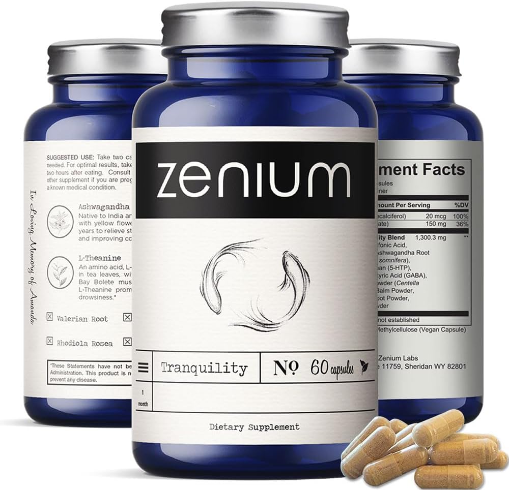 Zenium  Relieve Stress, Tension, Worry, Nervousness, & Irritability | Calm the Mind & Body | Ayurvedic | Natural Relief Supplement | Boosts Mood | Ashwagandha, L-Theanine, GABA, Rhodiola |60 Capsules