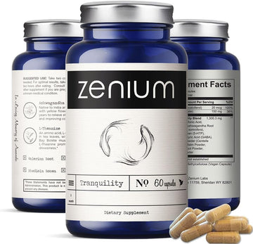 Zenium  Relieve Stress, Tension, Worry, Nervousness, & Irritability | Calm the Mind & Body | Ayurvedic | Natural Relief Supplement | Boosts Mood | Ashwagandha, L-Theanine, GABA, Rhodiola |60 Capsules
