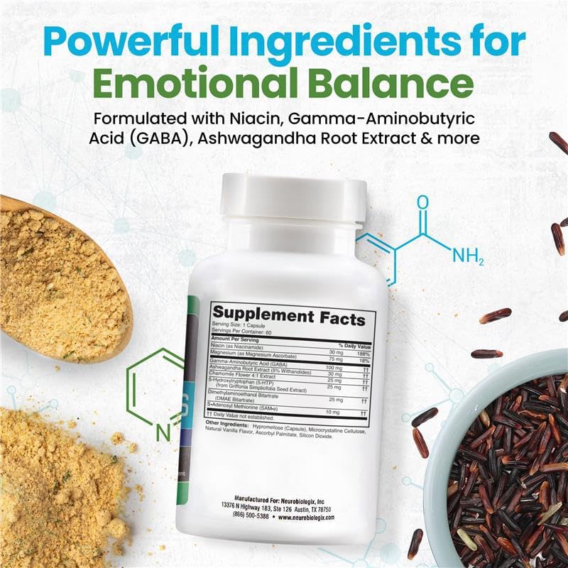 Neuro Biologix Mood plus Complete Mood Support Supplement - Calming Serotonin Supplements for Women for Stress Assistance & Brain Function Support - 5 HTP Supplement with Niacin, GABA & Ashwagandha - 60 Capsules