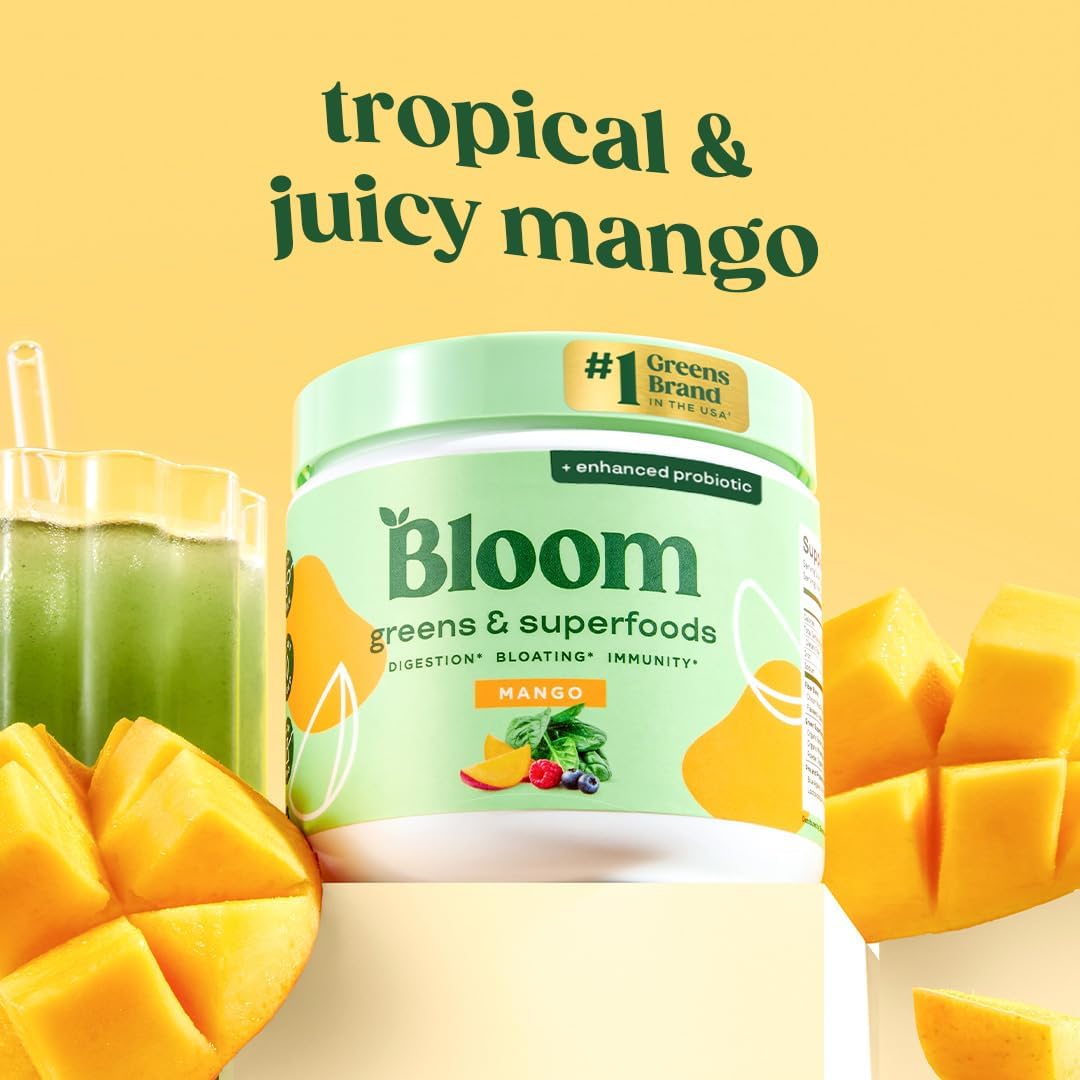 Bloom  Superfood Greens Powder, Digestive Enzymes with Probiotics and Prebiotics, Gut Health, Bloating Relief for Women, Chlorella, Green Juice Mix with Beet Root Powder, 30 SVG, Mango