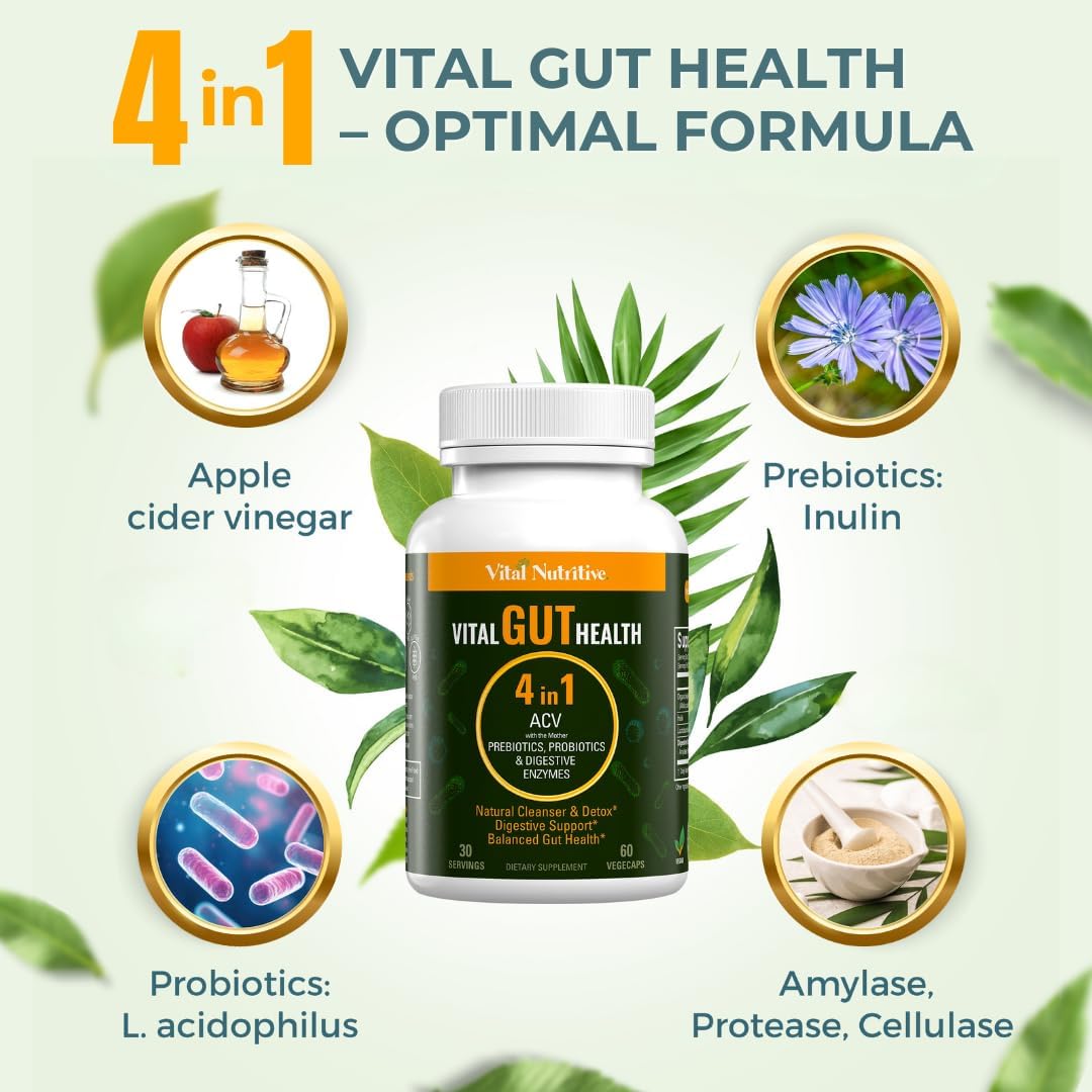 Vital Gut Health 4In1 Formula with Apple Cider Vinegar, Prebiotics & Probiotics, Digestive Enzymes for Strong Immunity Support and Complete Gut and Digestion Support