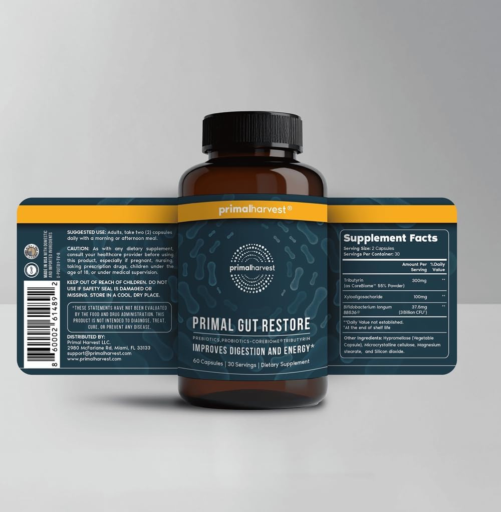 Primal Harvest  Restore for Gut Health, Primal Gut Restore W/Postbiotics, Prebiotics and Probiotics for Women and Men, 60 CT - Digestion, Colon Cleanse, Immunity Support - Helps Leaky Gut Repair