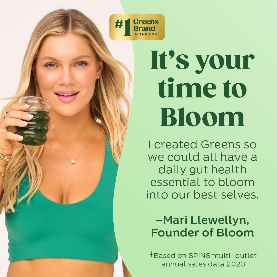 Bloom  Superfood Greens Powder, Digestive Enzymes with Probiotics and Prebiotics, Gut Health, Bloating Relief for Women, Chlorella, Green Juice Mix with Beet Root Powder, 30 SVG, Mango