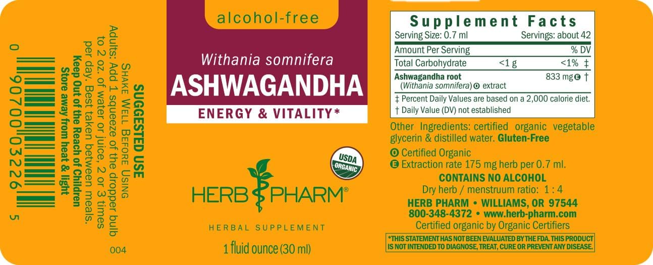 Herb Pharm Organic Ashwagandha Liquid Extract, Alcohol-Free: Mood Support Supplement, Vegan Ashwagandha Root Glycerite, Tasty Non-Bitter Adaptogen Extract for Adults, Non-Gmo, 1 Oz