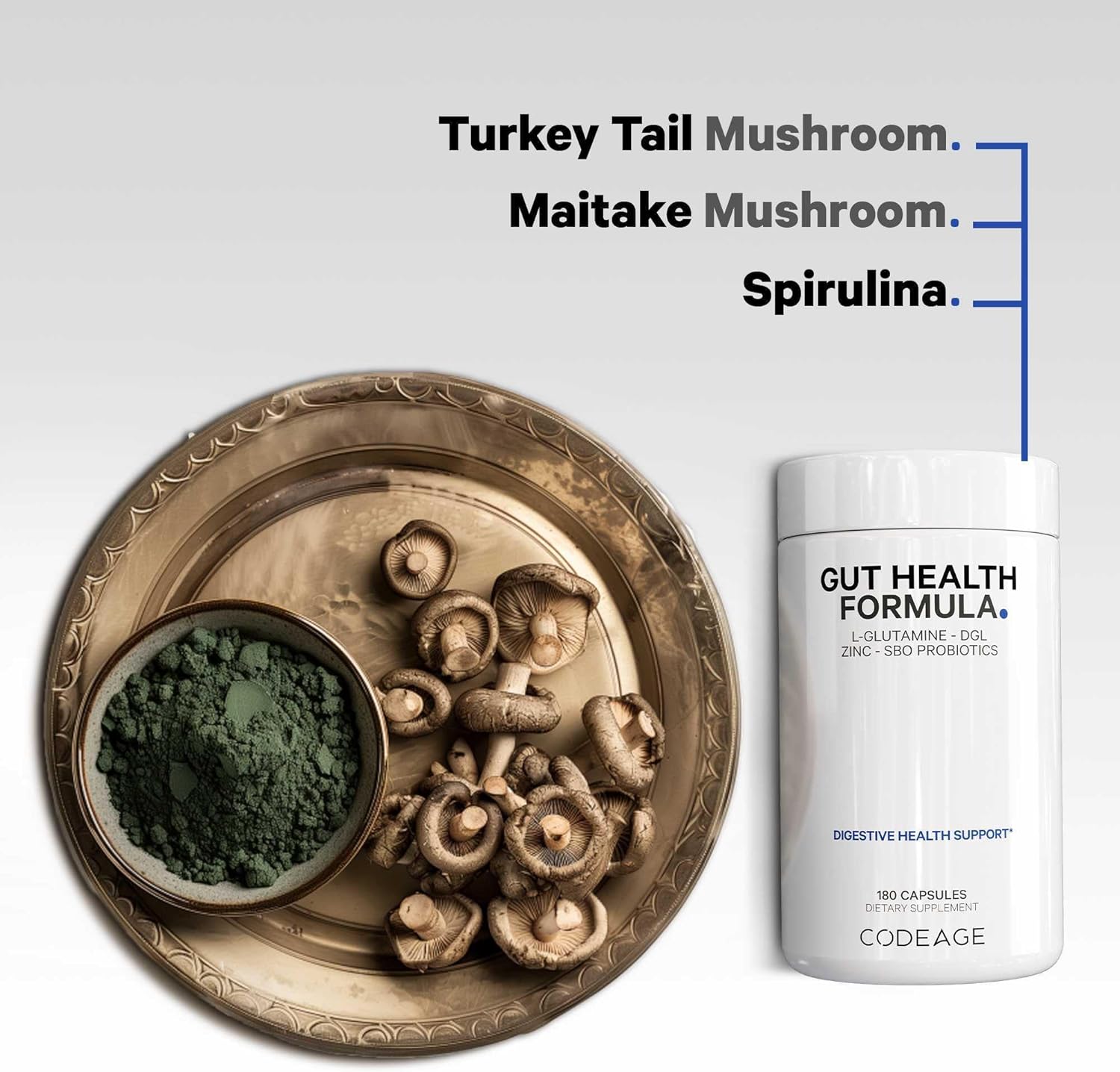 Codeage Gut Health Supplements Vegan Formula - L Glutamine, Zinc, Turkey Tail Mushroom Powder, Tonic Mushroom, Maitake, Micro Algae, Mineral, Licorice Root DGL - Probiotics, Prebiotics - 180 Capsules