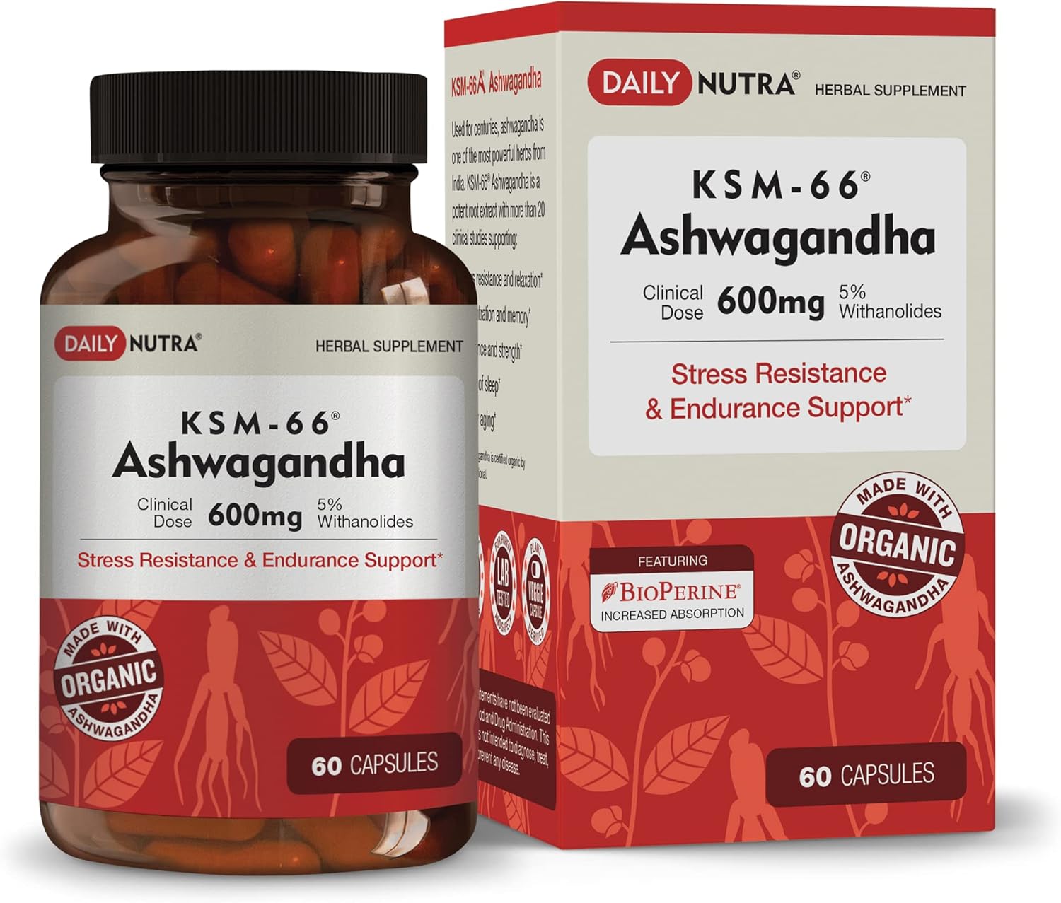 KSM-66 Ashwagandha 600Mg Organic Root Extract - High Potency Supplement with 5% Withanolides | Relieves Tiredness, Supports Relaxation, Focus, Energy, & Muscle Growth (60 Capsules)