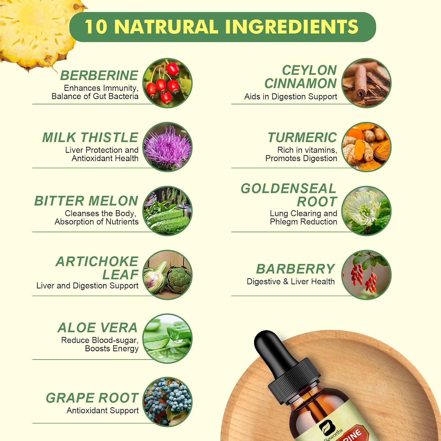 Berberine Supplement with Ceylon Cinnamon - Berberine Liquid Drops with Turmeric Curcumin, Ceylon Cinnamon, Bitter Melon, Berberine Phytosome for Digestion System, Immune Health Support -Vegetarian