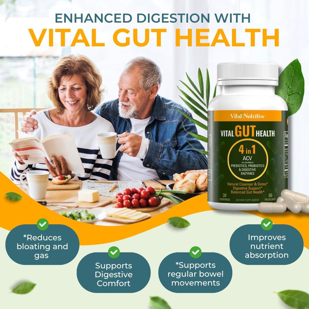 Vital Gut Health 4In1 Formula with Apple Cider Vinegar, Prebiotics & Probiotics, Digestive Enzymes for Strong Immunity Support and Complete Gut and Digestion Support