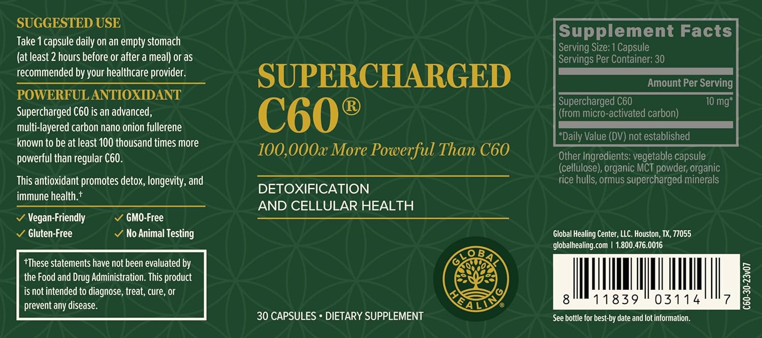 Supercharged C60 - Micro-Activated Carbon Fullerene W/Organic MCT Powder, 10 Times More Powerful than Regular C60 Supplements - Helps Detoxification, Aging (30 Capsules)