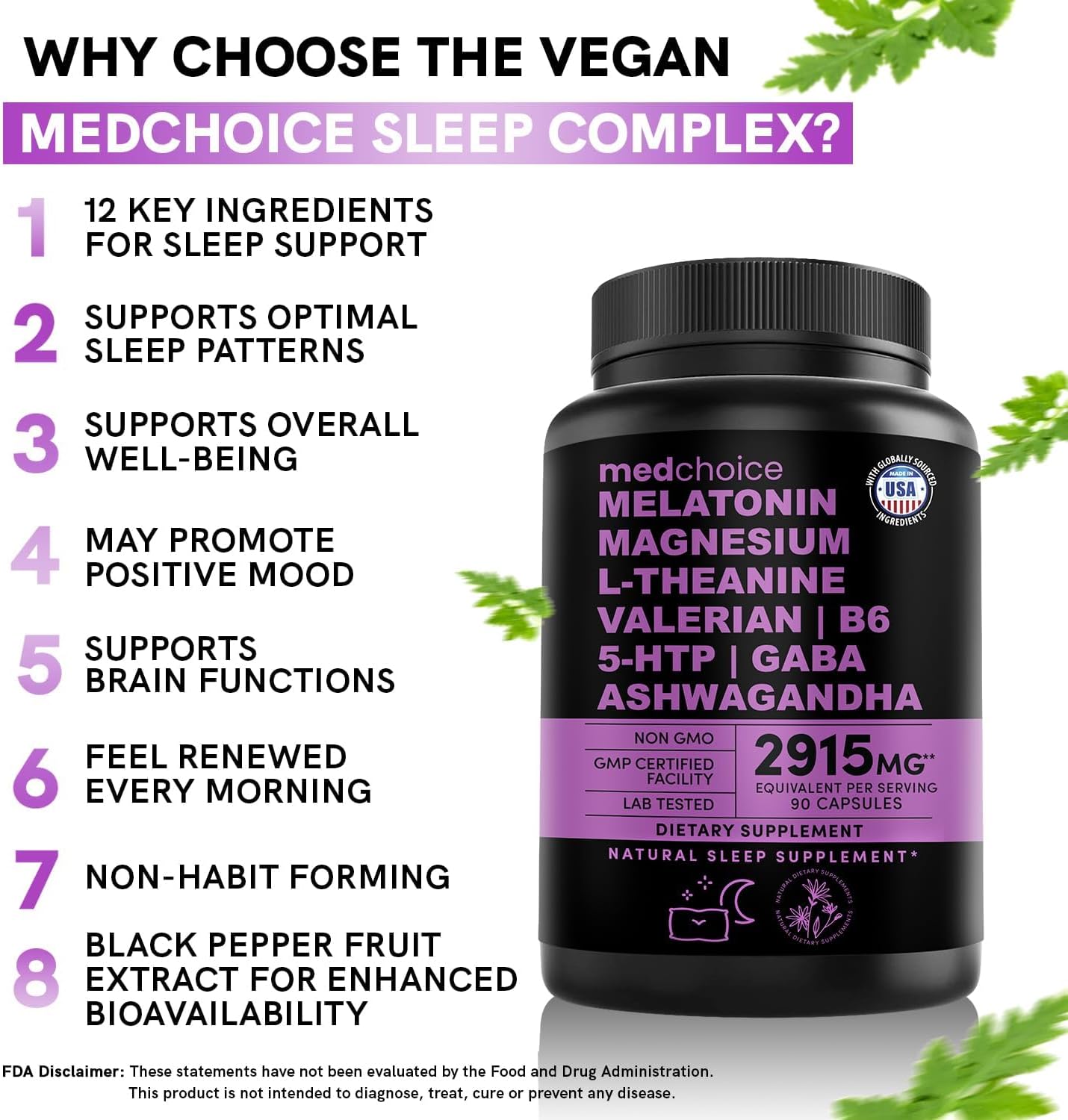 MEDCHOICE 12-In-1 Melatonin Sleep Capsules - Natural Sleep Aids for Adults with Melatonin 5Mg and Magnesium Glycinate 500Mg, Sleep Aid with Ashwagandha, L Theanine, Valerian Root, GABA, 5-HTP (90Ct, Pack of 1)