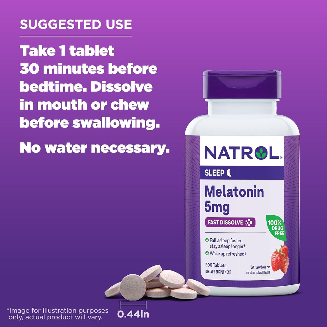 Natrol  Melatonin 5Mg Fast Dissolve Tablets, Sleep Support Supplements for Adults, Strawberry Flavor, 200 Tablets, up to 200 Day Supply