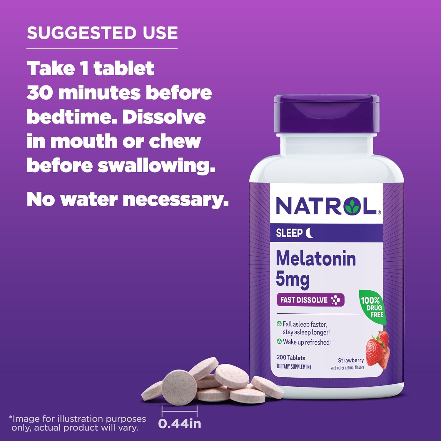 Natrol  Melatonin 5Mg Fast Dissolve Tablets, Sleep Support Supplements for Adults, Strawberry Flavor, 200 Tablets, up to 200 Day Supply