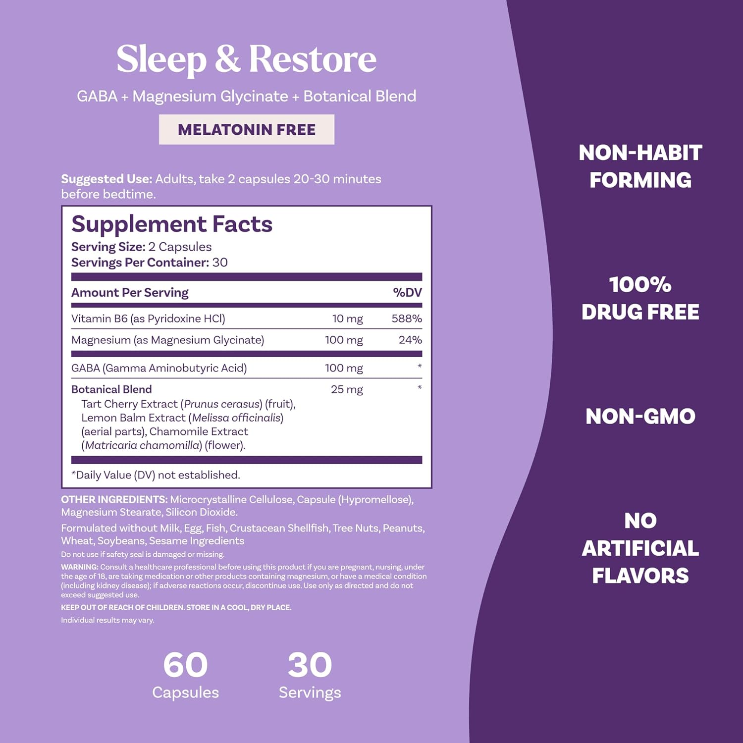 Sleep & Restore Capsules with 100mg Magnesium Glycinate and GABA for Optimal Restorative Sleep, Melatonin-Free, 30-Day Supply