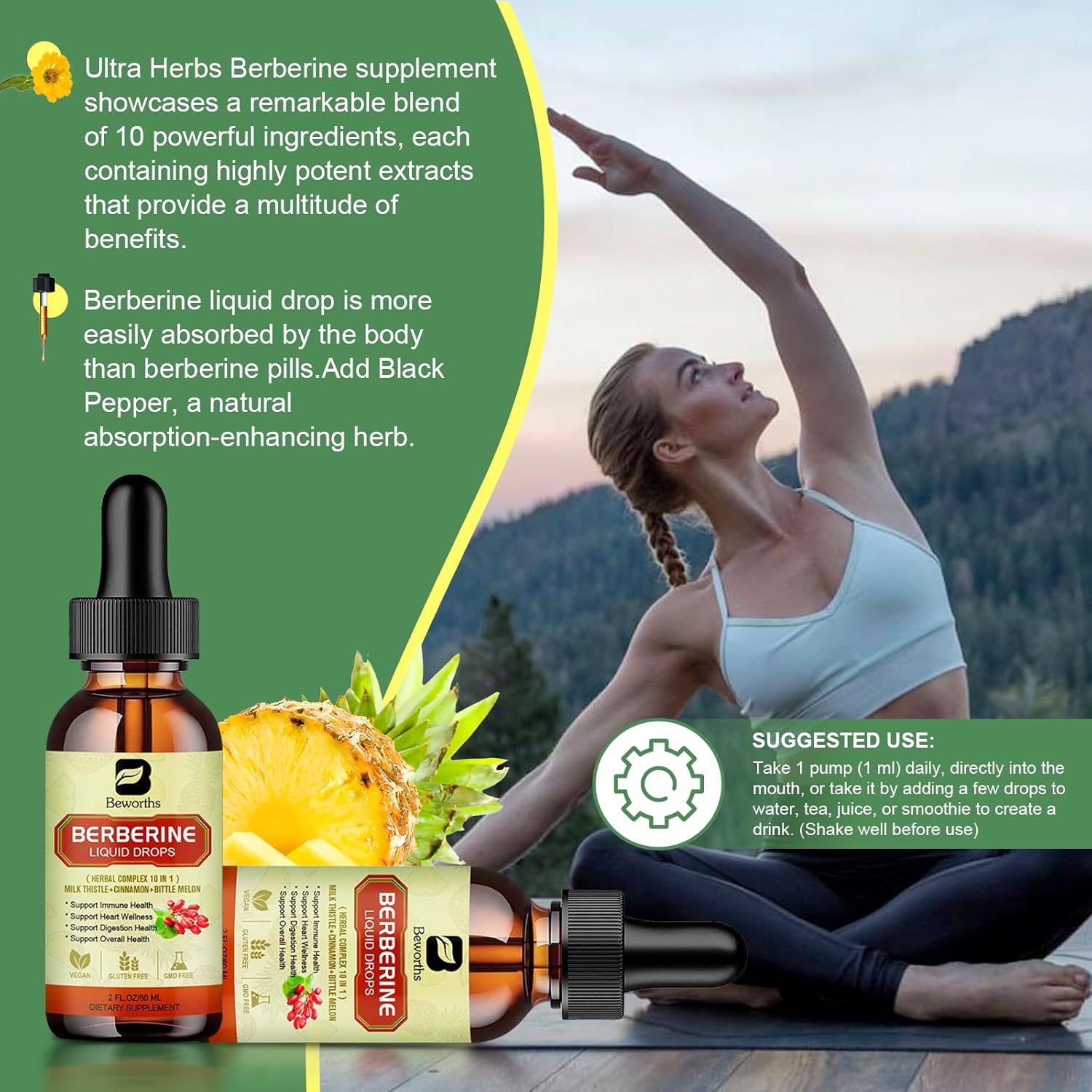 Berberine Supplement with Ceylon Cinnamon - Berberine Liquid Drops with Turmeric Curcumin, Ceylon Cinnamon, Bitter Melon, Berberine Phytosome for Digestion System, Immune Health Support -Vegetarian