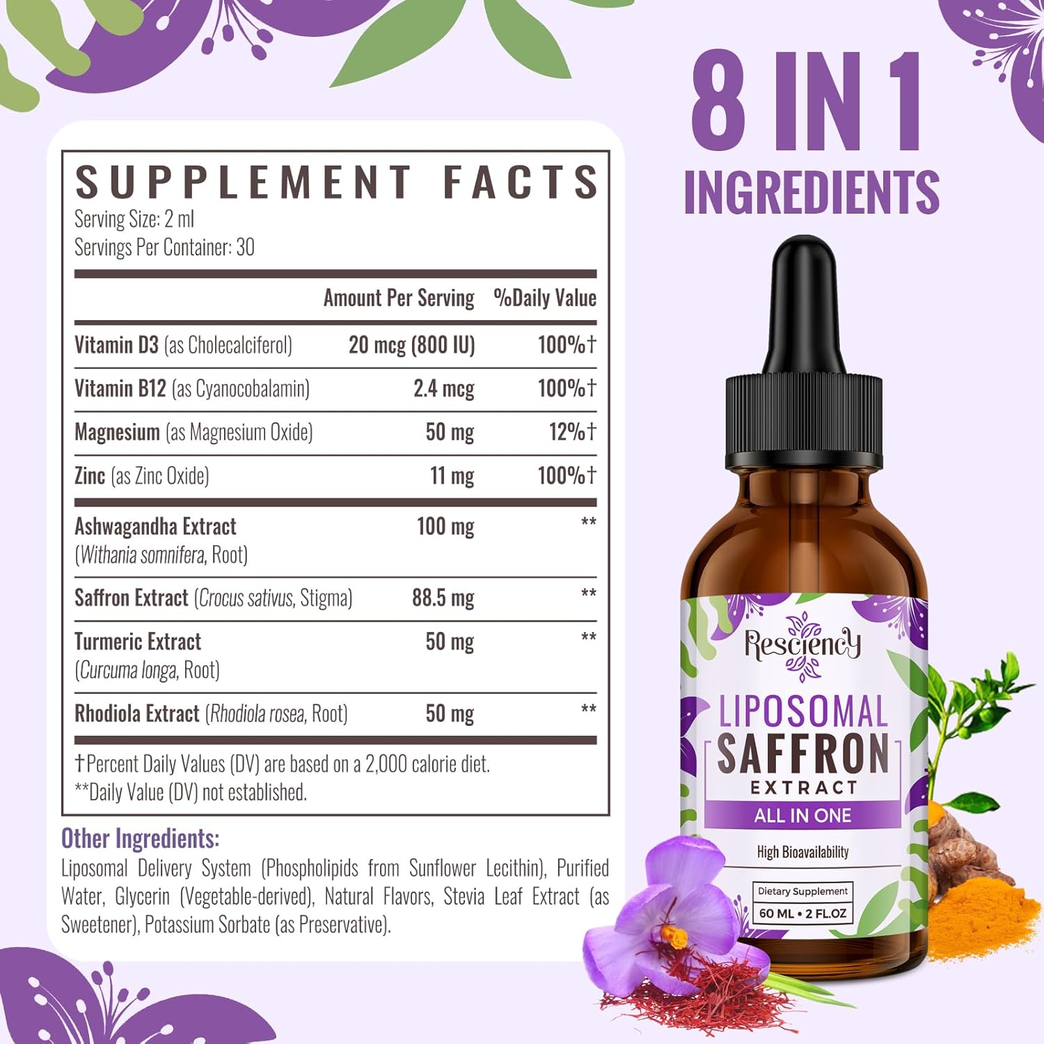 Saffron Saffron Supplements - 88.5 Mg Saffron Extract Better Bioavailability Liposomal Drops for Mood, Energy, Vision & Focus with Ashwagandha, Turmeric, Magnesium, Zinc, Vitamin B12 & D3, 60 Ml, 30 Servings