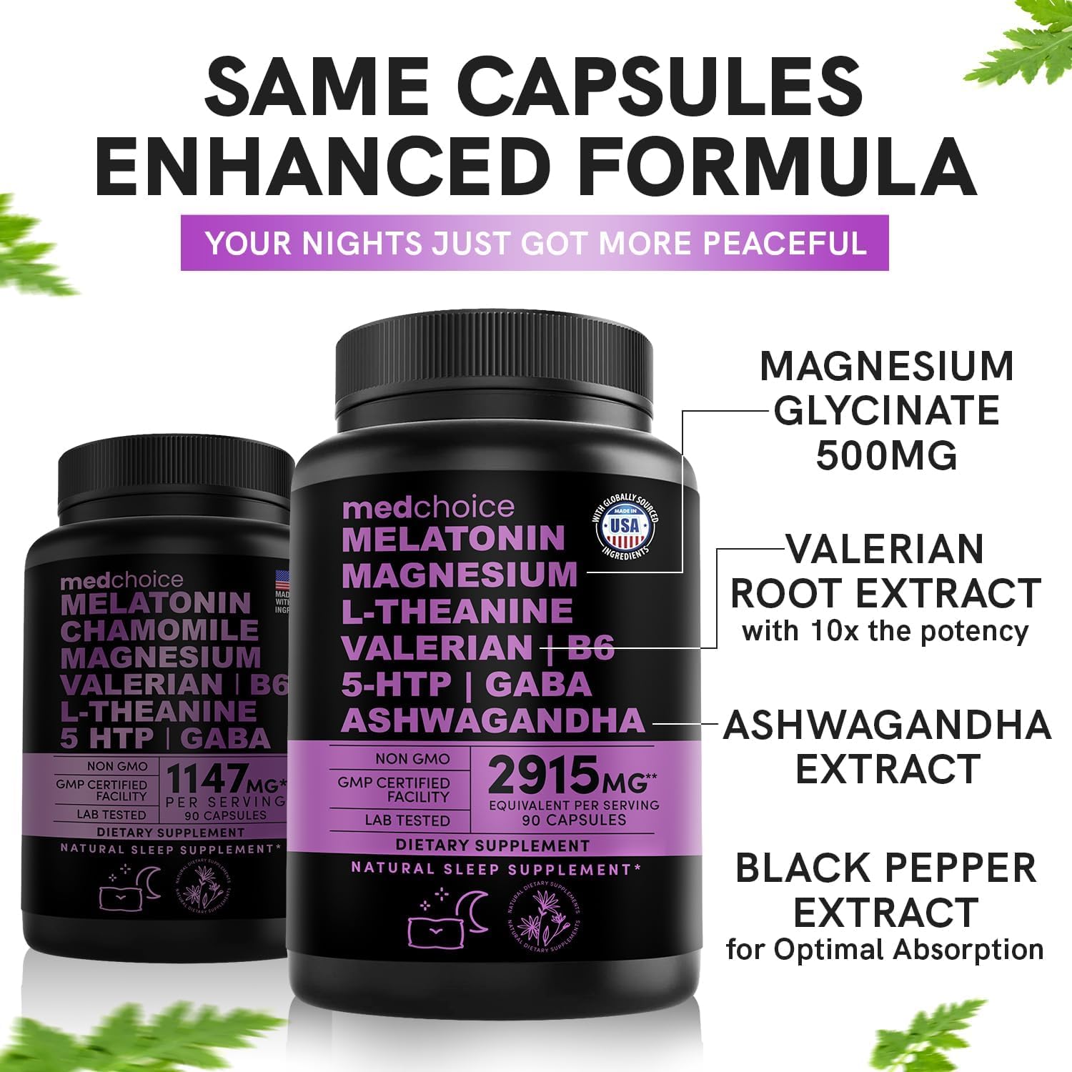 MEDCHOICE 12-In-1 Melatonin Sleep Capsules - Natural Sleep Aids for Adults with Melatonin 5Mg and Magnesium Glycinate 500Mg, Sleep Aid with Ashwagandha, L Theanine, Valerian Root, GABA, 5-HTP (90Ct, Pack of 1)