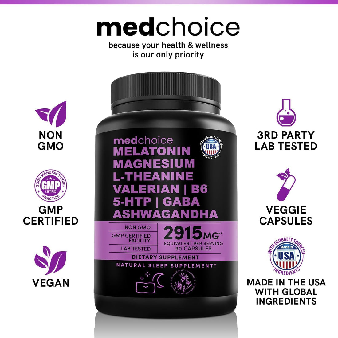 MEDCHOICE 12-In-1 Melatonin Sleep Capsules - Natural Sleep Aids for Adults with Melatonin 5Mg and Magnesium Glycinate 500Mg, Sleep Aid with Ashwagandha, L Theanine, Valerian Root, GABA, 5-HTP (90Ct, Pack of 1)