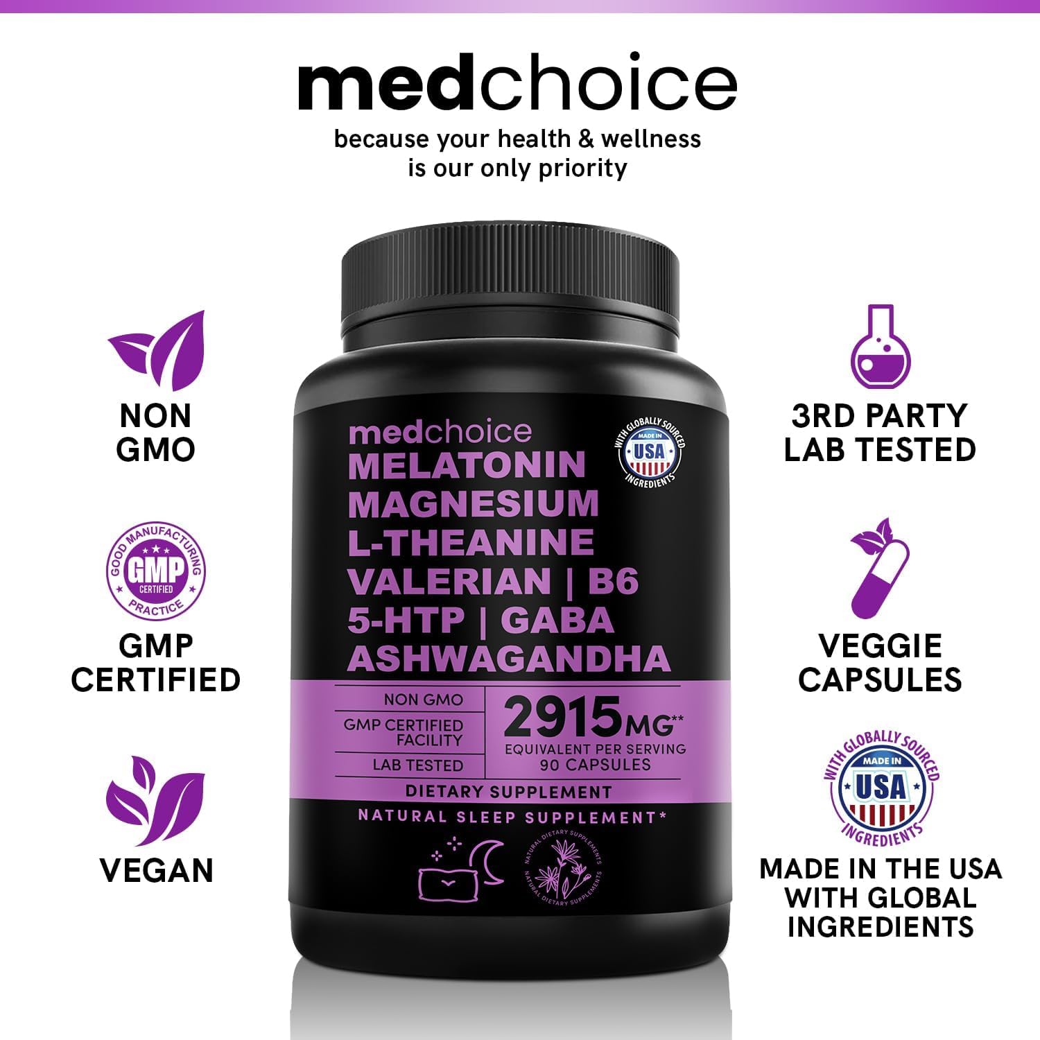 MEDCHOICE 12-In-1 Melatonin Sleep Capsules - Natural Sleep Aids for Adults with Melatonin 5Mg and Magnesium Glycinate 500Mg, Sleep Aid with Ashwagandha, L Theanine, Valerian Root, GABA, 5-HTP (90Ct, Pack of 1)