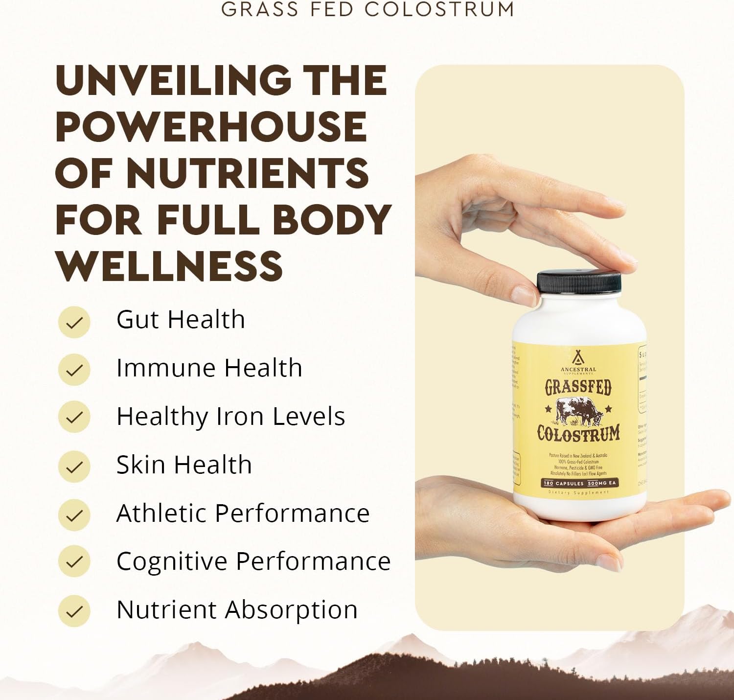 Ancestral  Grass Fed Beef Colostrum Supplement, 3000 Mg, Offers Immune Support and Promotes Gut Health, Athletic Performance, Healthy Iron Levels, Growth and Repair, Non GMO, 180 Capsules