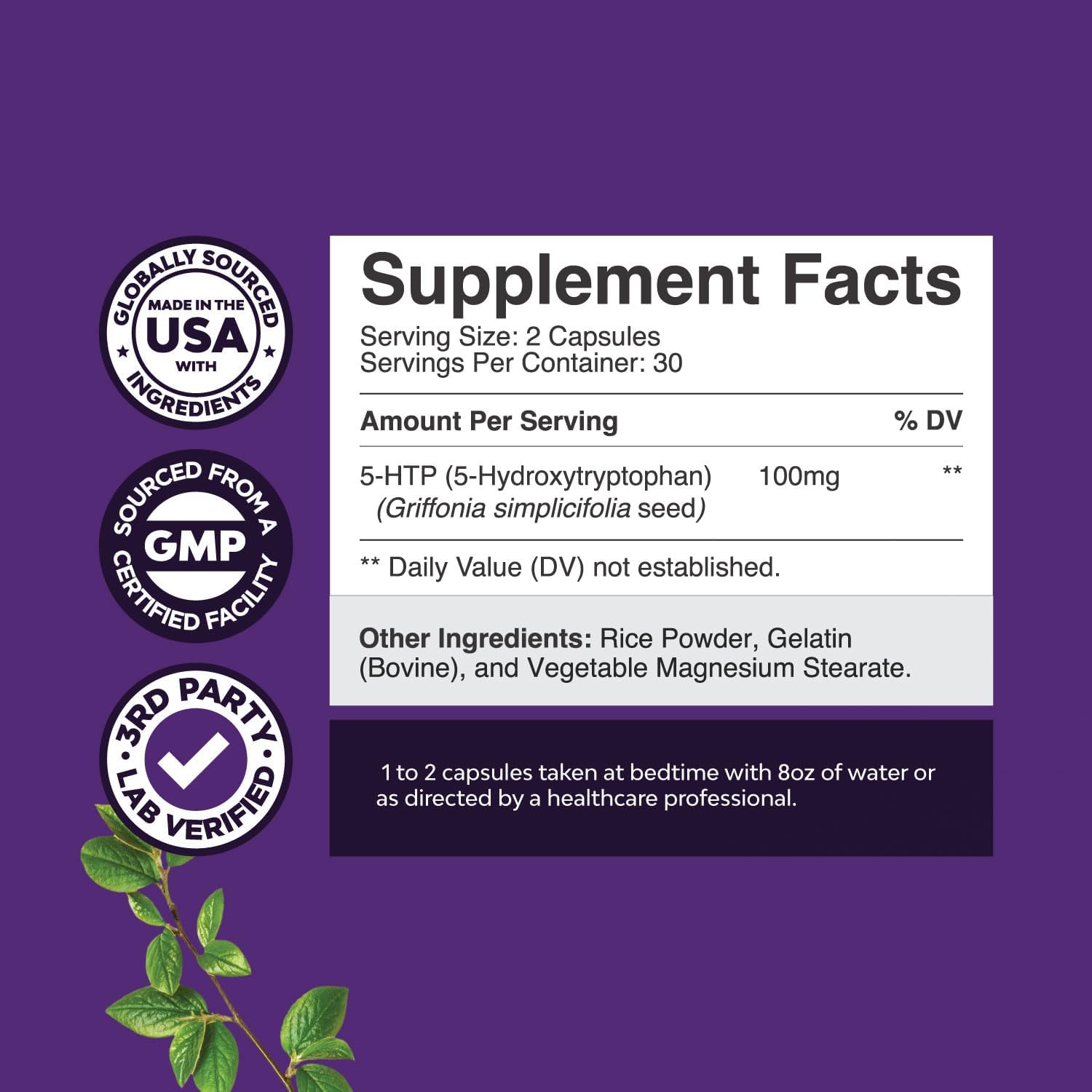 5-HTP Supplement (5-Hydroxytryptophan) - 100 mg per Serving for Mood Enhancement and Sleep Support - Herbal Capsules from Griffonia Simplicifolia