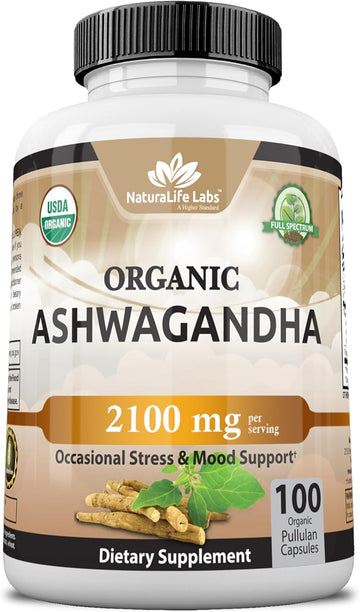 Organic Ashwagandha 2,100 Mg - 100 Veggie Capsules Pure Organic Ashwagandha Powder and Root Extract - Stress Relief, Mood Enhancer