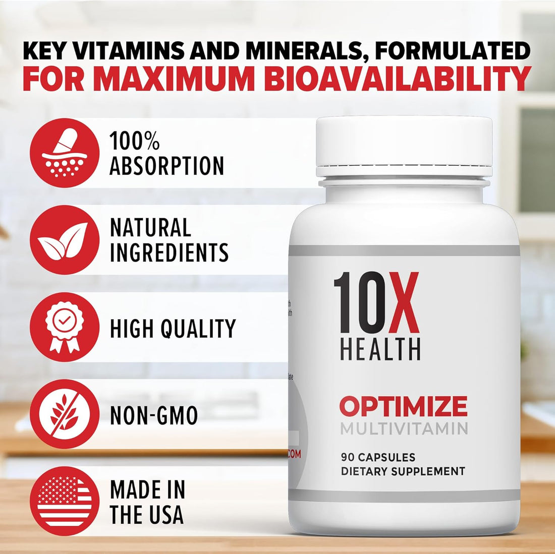 10X Health Optimize Methylated Multivitamin for Men & Women - 34 in 1 Formula with 800 Mcg of Vitamin B12, Vitamin E, 5-MTHF, B Complex, NAC, Magnesium & Zinc Multivitamins - 90 Capsules
