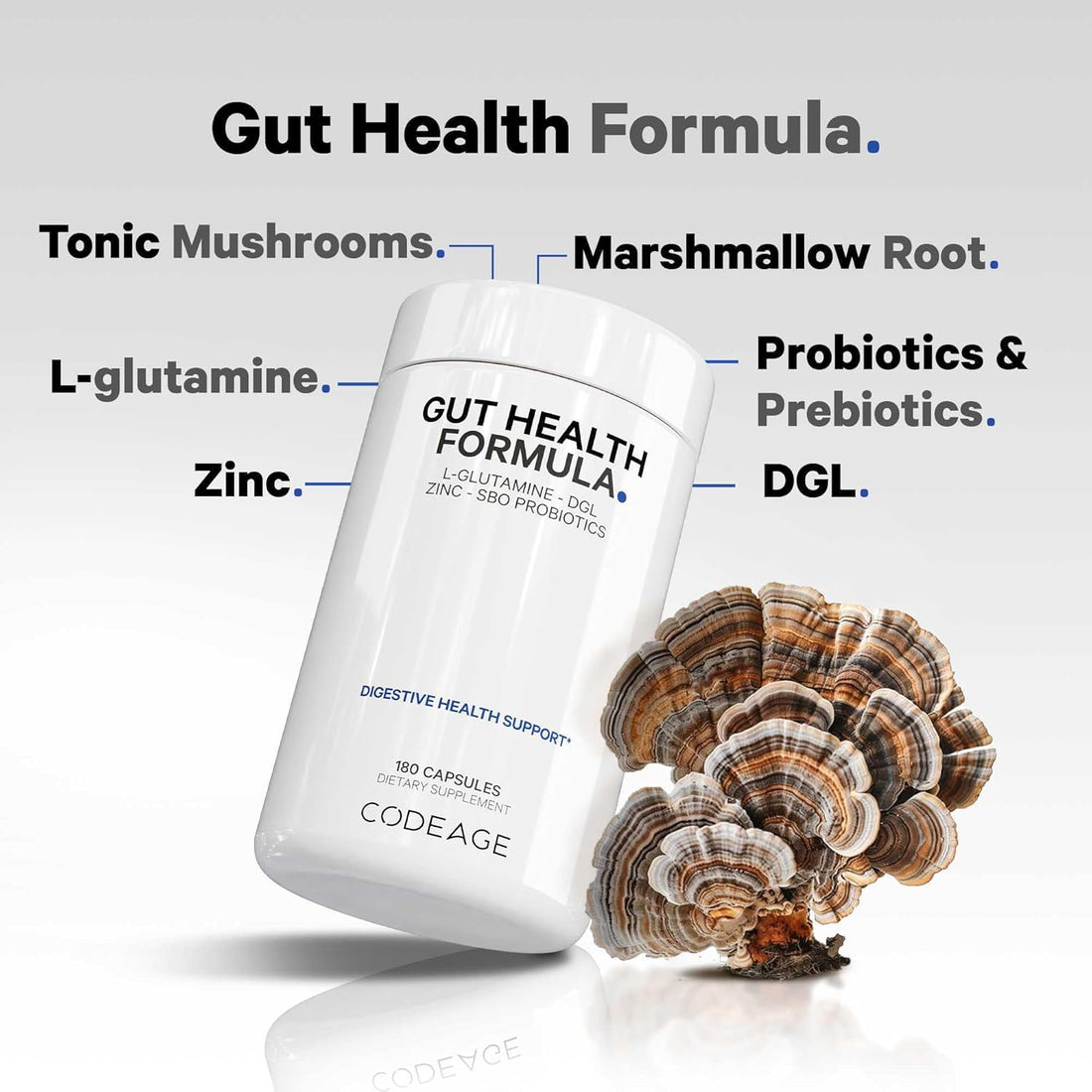 Codeage Gut Health Supplements Vegan Formula - L Glutamine, Zinc, Turkey Tail Mushroom Powder, Tonic Mushroom, Maitake, Micro Algae, Mineral, Licorice Root DGL - Probiotics, Prebiotics - 180 Capsules