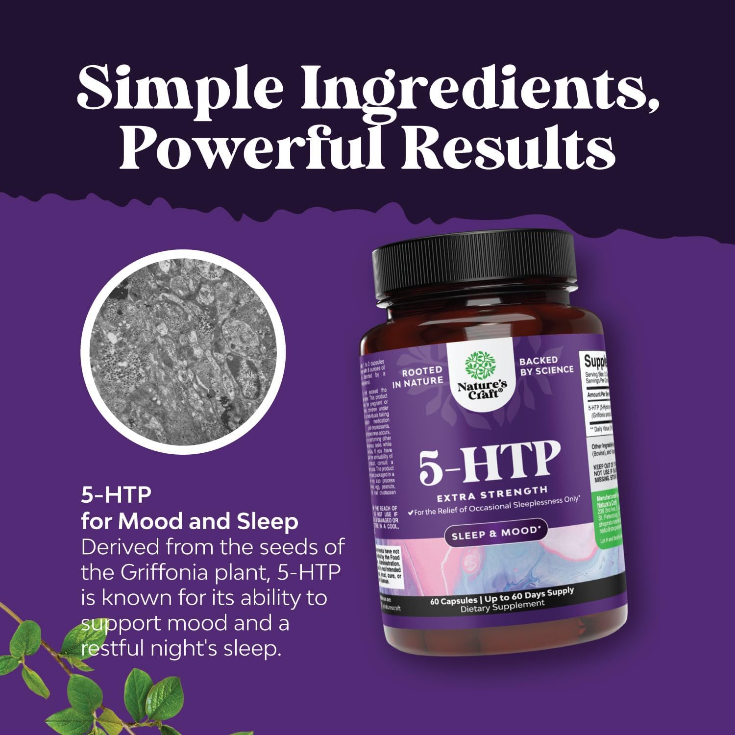 5-HTP Supplement (5-Hydroxytryptophan) - 100 mg per Serving for Mood Enhancement and Sleep Support - Herbal Capsules from Griffonia Simplicifolia
