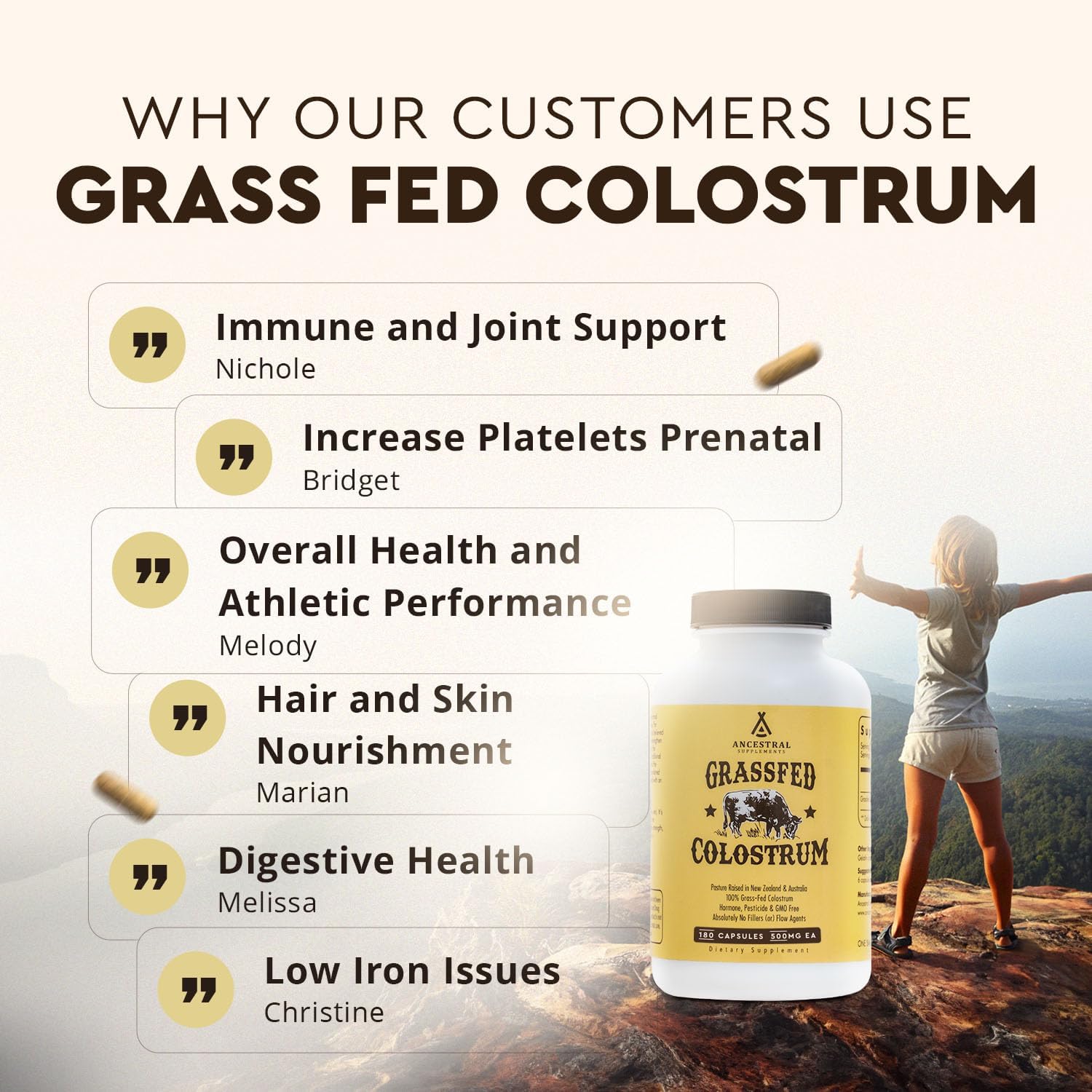 Ancestral  Grass Fed Beef Colostrum Supplement, 3000 Mg, Offers Immune Support and Promotes Gut Health, Athletic Performance, Healthy Iron Levels, Growth and Repair, Non GMO, 180 Capsules