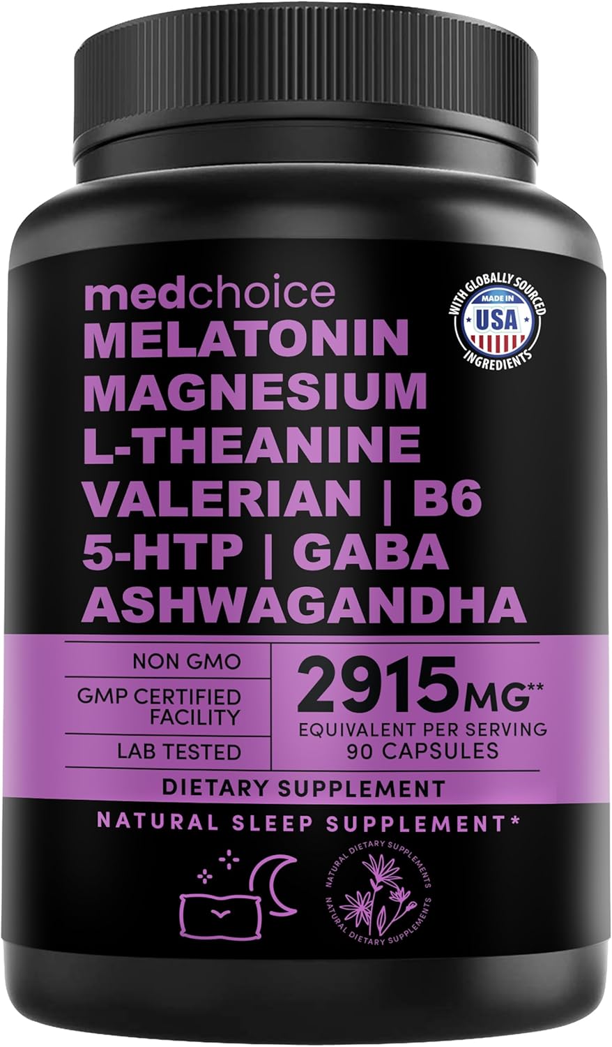 MEDCHOICE 12-In-1 Melatonin Sleep Capsules - Natural Sleep Aids for Adults with Melatonin 5Mg and Magnesium Glycinate 500Mg, Sleep Aid with Ashwagandha, L Theanine, Valerian Root, GABA, 5-HTP (90Ct, Pack of 1)