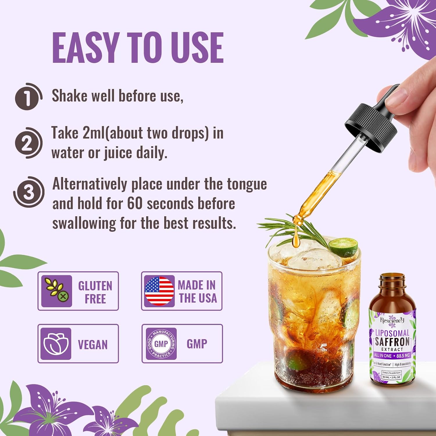 Saffron Saffron Supplements - 88.5 Mg Saffron Extract Better Bioavailability Liposomal Drops for Mood, Energy, Vision & Focus with Ashwagandha, Turmeric, Magnesium, Zinc, Vitamin B12 & D3, 60 Ml, 30 Servings