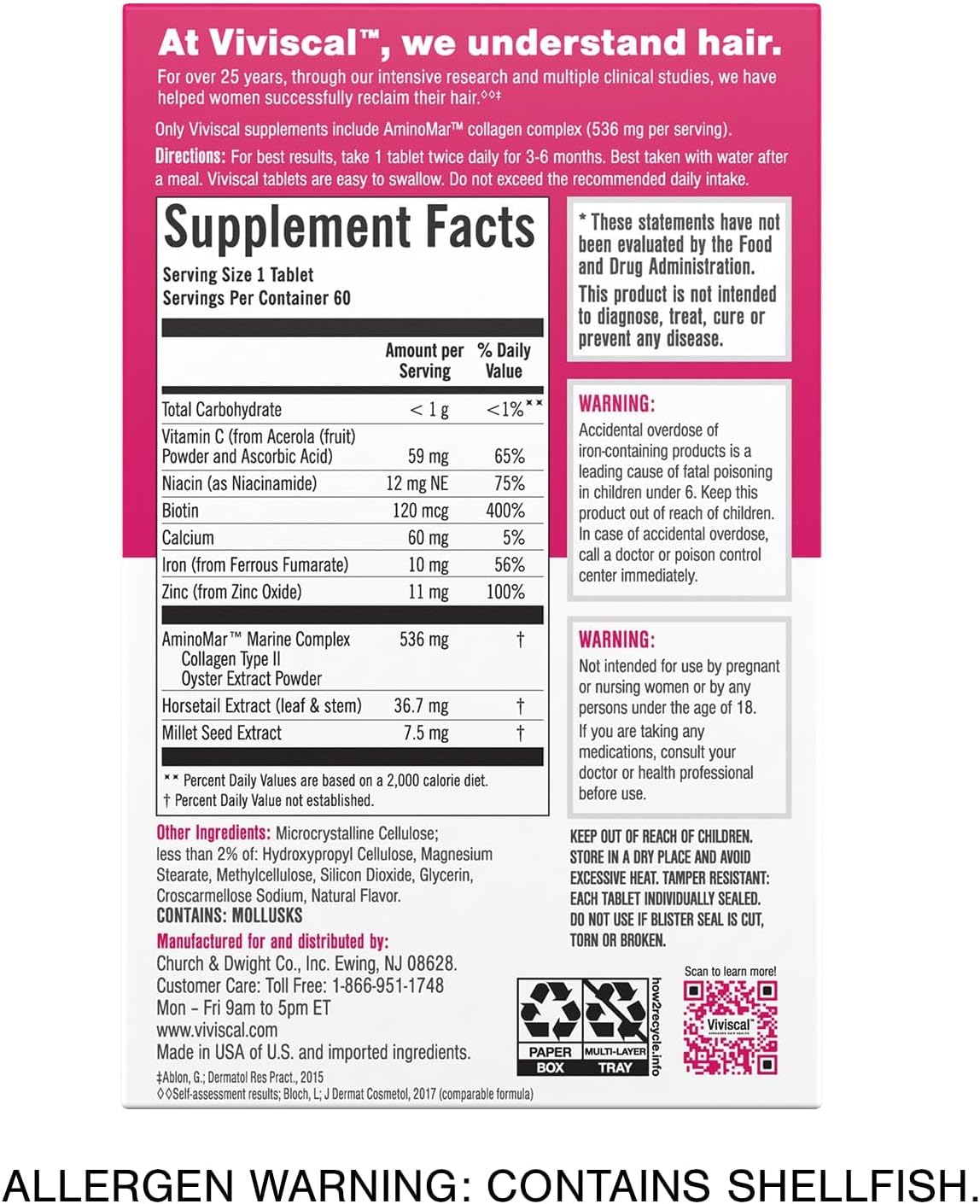 Viviscal  Hair Growth Supplements for Women for Thicker, Fuller Hair, Nourishes Thinning & Loss, with Proprietary Collagen Complex, 60 Tablets, 1 Month Supply