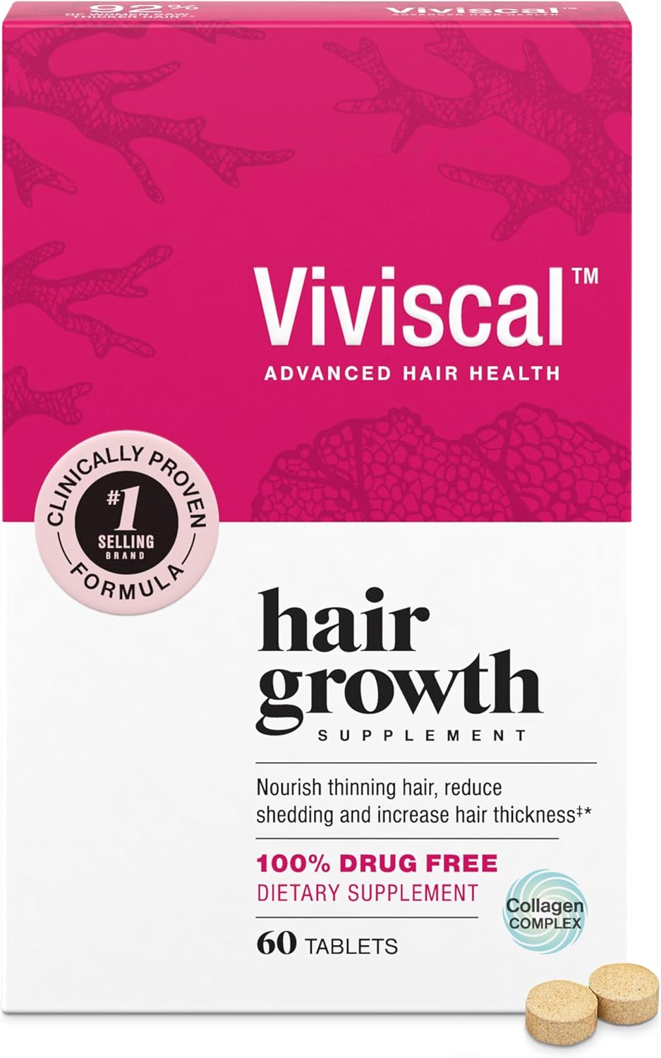 Viviscal  Hair Growth Supplements for Women for Thicker, Fuller Hair, Nourishes Thinning & Loss, with Proprietary Collagen Complex, 60 Tablets, 1 Month Supply