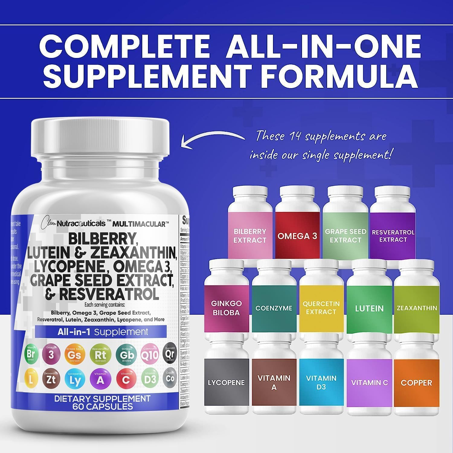 Clean Nutra Eye Vitamins with Bilberry Lutein and Zeaxanthin Supplements Lycopene 40Mg Resveratrol Grape Seed Astaxanthin for Eyes - Eye Care Health Support Eye Vitamin and Mineral Supplement