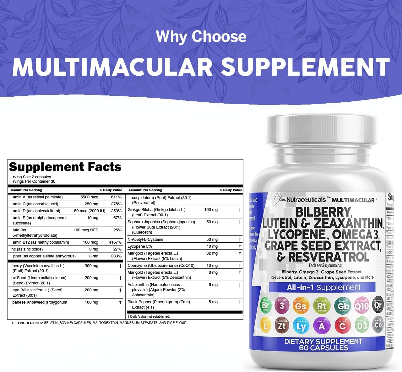 Clean Nutra Eye Vitamins with Bilberry Lutein and Zeaxanthin Supplements Lycopene 40Mg Resveratrol Grape Seed Astaxanthin for Eyes - Eye Care Health Support Eye Vitamin and Mineral Supplement